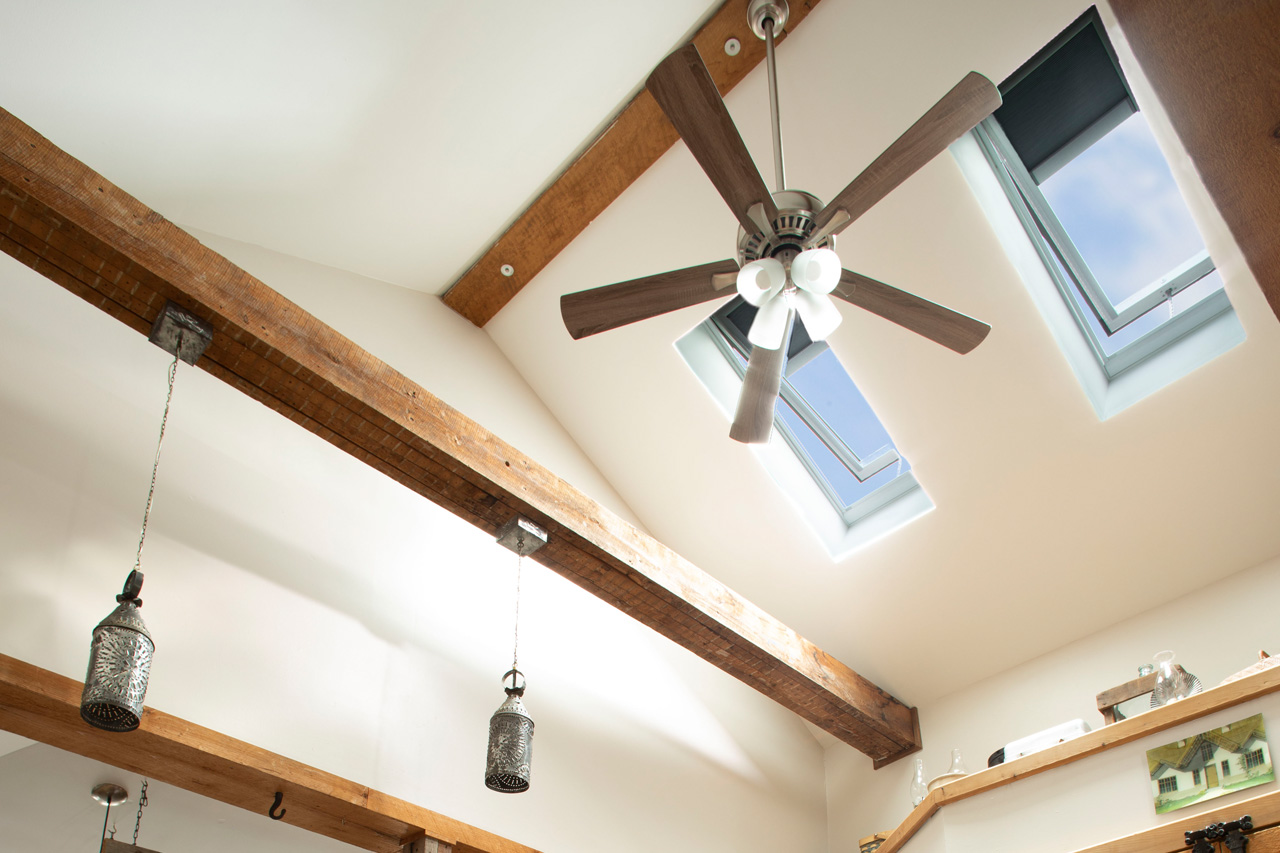 VELUX vented skylights with navy blue blinds